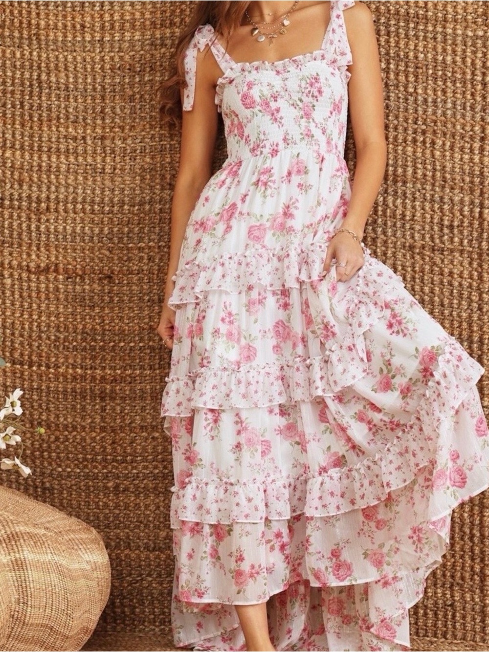 Altar'd State White and Pink Floral Tie-Shoulder High-Low Maxi Dress